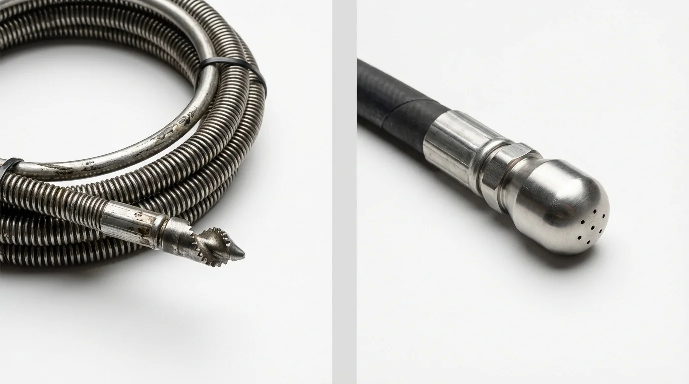 Drain snake cable and hydro jetting nozzle used for drain cleaning in Titusville, FL