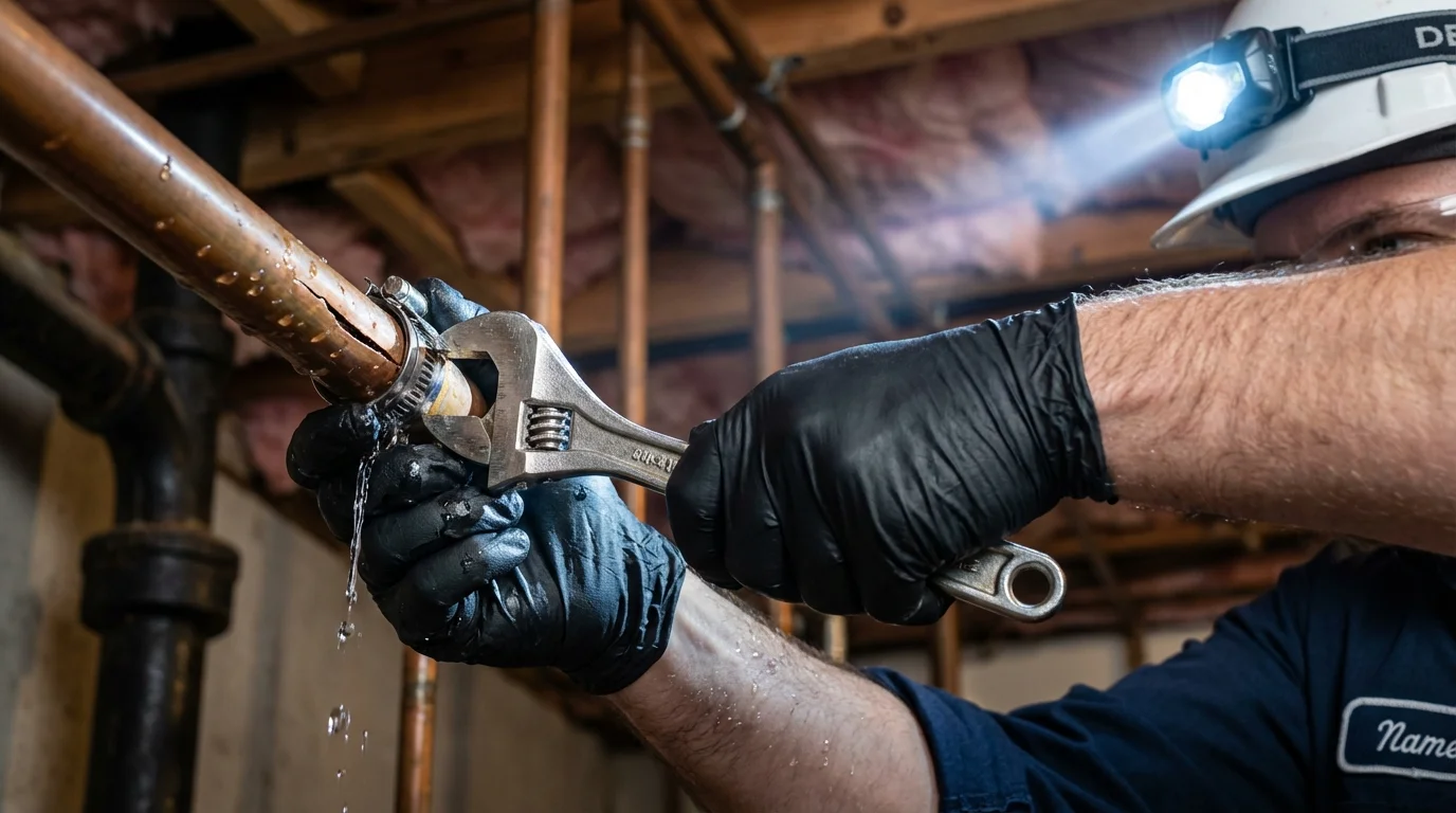 Emergency pipe clamp repair being performed by a Johns Plumbing LLC plumber in Titusville