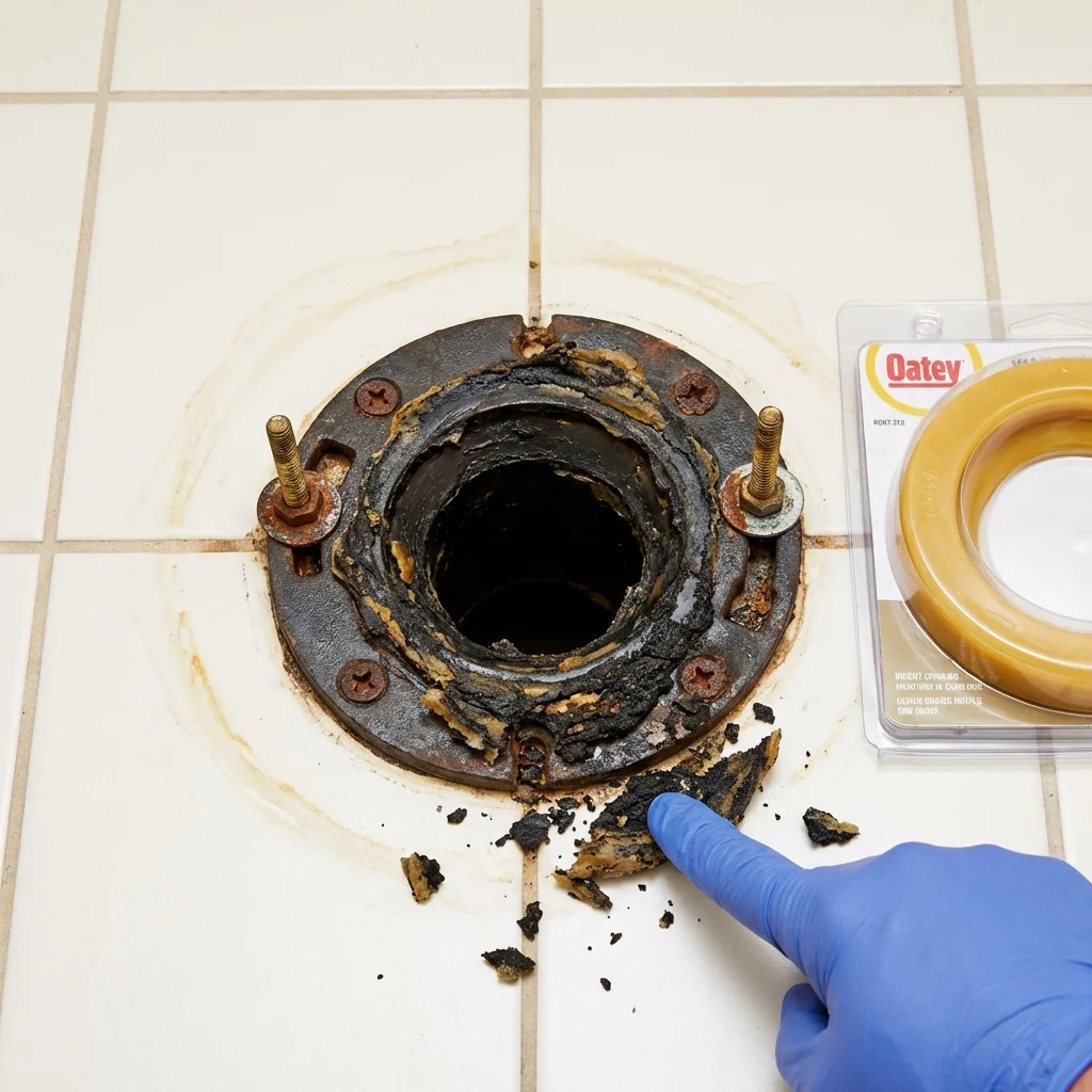 Failed wax ring showing water seepage at the base of a toilet in a Titusville, FL home
